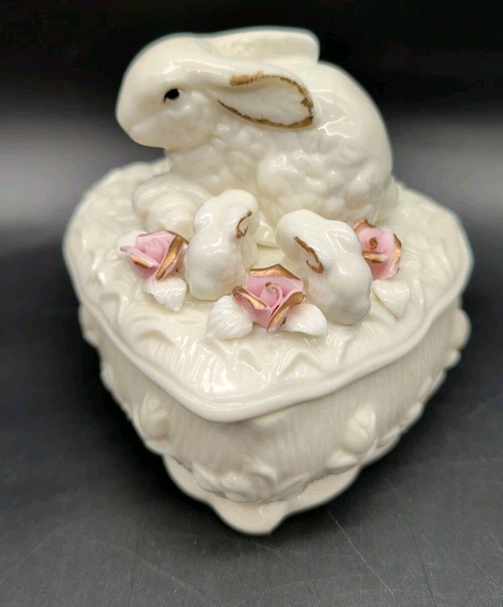 Porcelain Mother Bunny With Babies & Pink Roses Heart Candy Jewelry Box